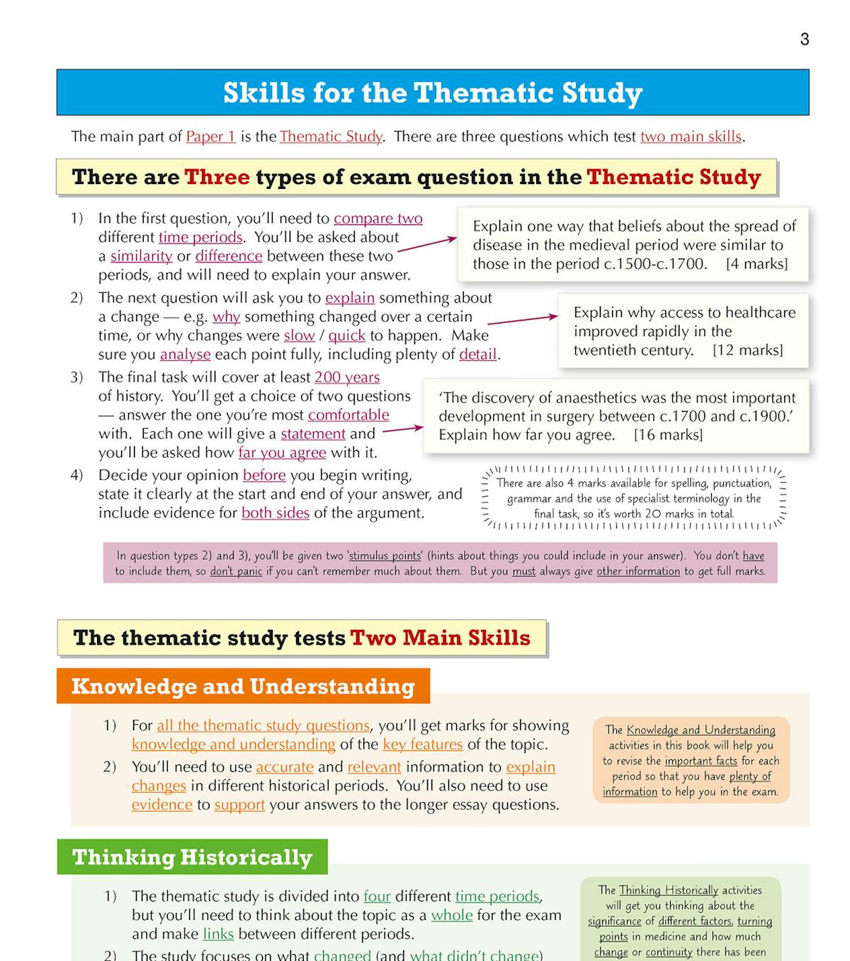 Skills for the Thematic Study page detailing exam question types and mark schemes