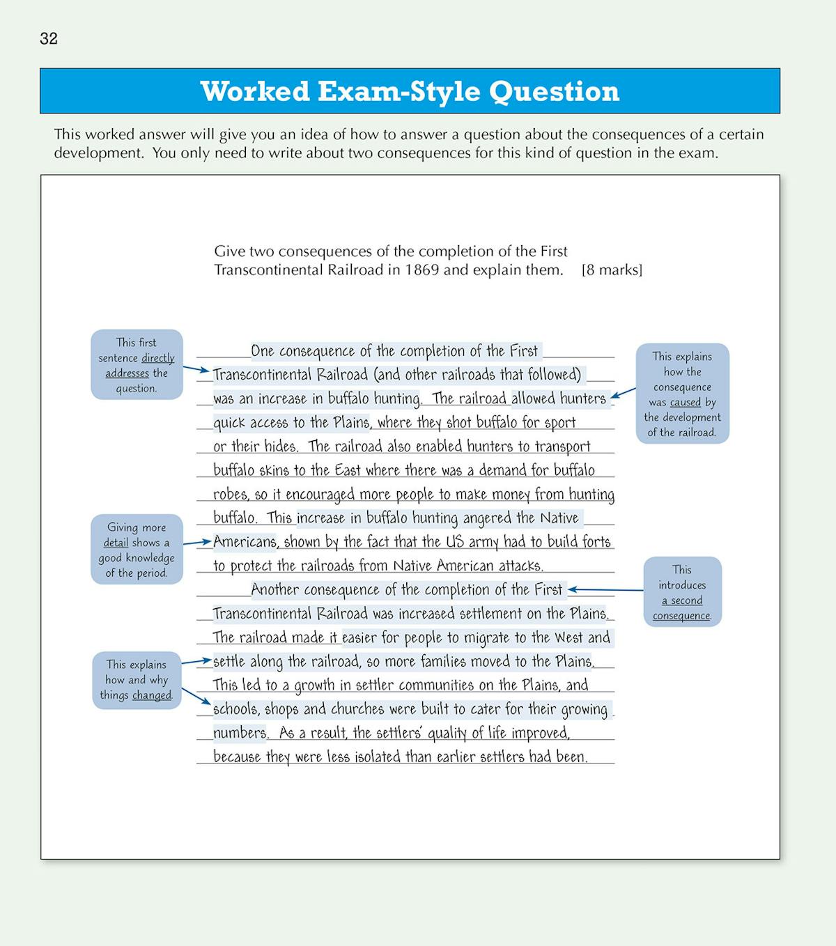 Sample page showing worked exam-style question on the consequences of the First Transcontinental Railroad