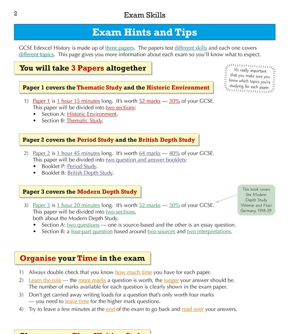 Exam skills and tips page showing Edexcel paper structure and exam techniques