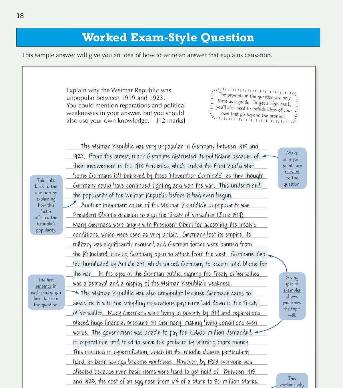 Worked exam-style question with annotated sample answer on the unpopularity of the Weimar Republic