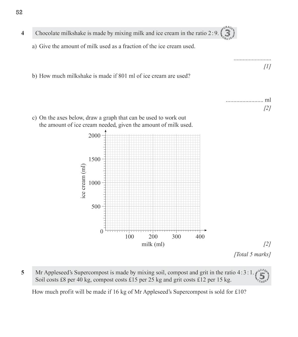 Sample page showing ratio and proportion questions with grade stamps and problem-solving icons
