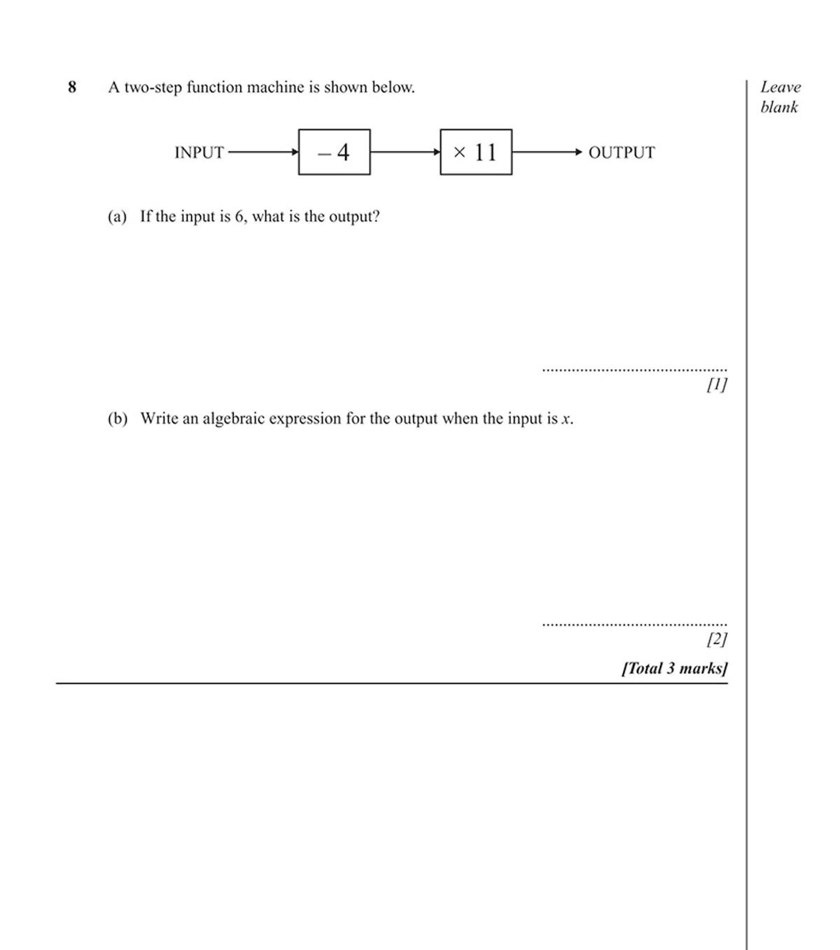 Sample algebra question page showing function machine diagrams