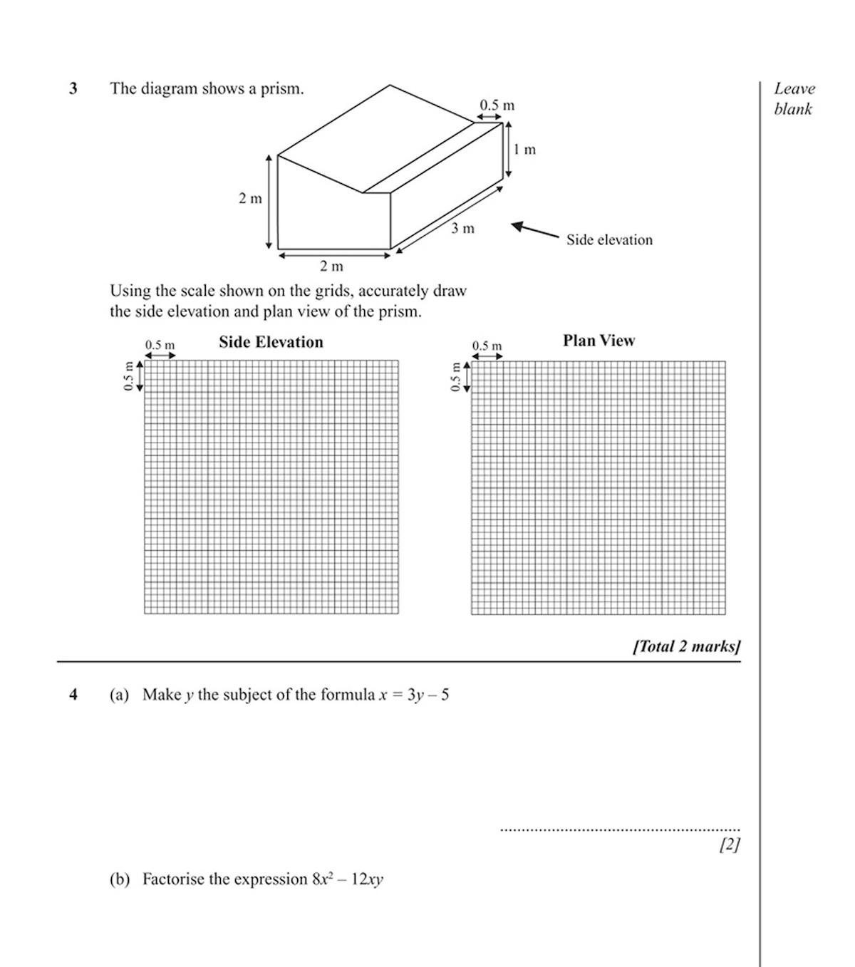 Close-up of geometry question involving prism side elevation and plan view with grid