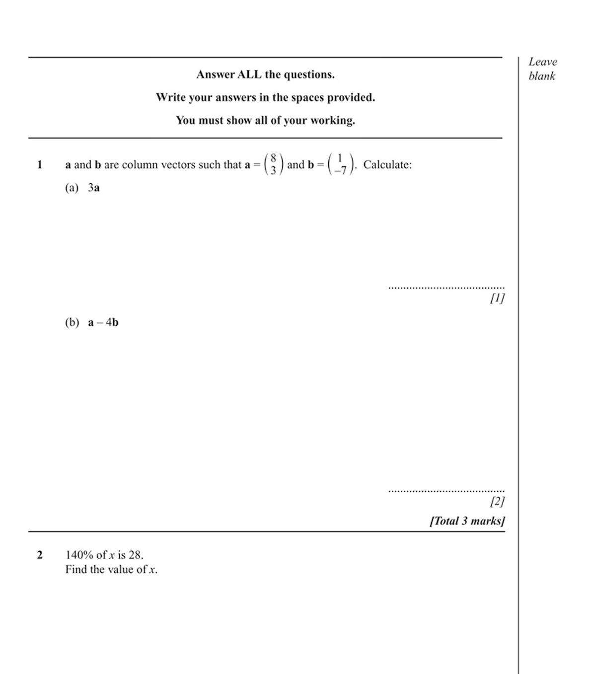 Sample question page showing algebra and geometry problems with mark allocations