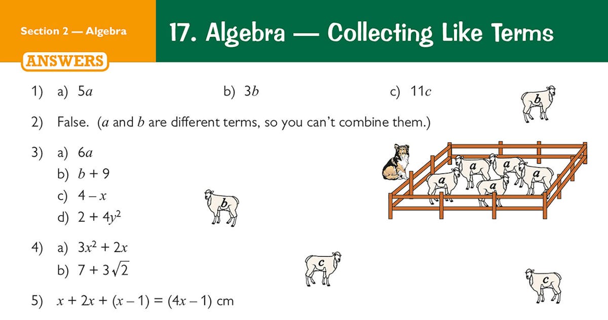 Answer page showing worked solutions for algebra questions on collecting like terms