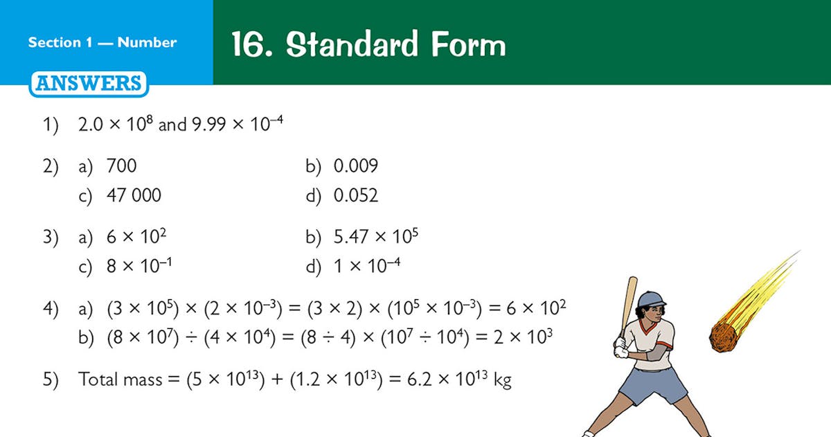 Answer page displaying solutions for standard form questions in the Number section