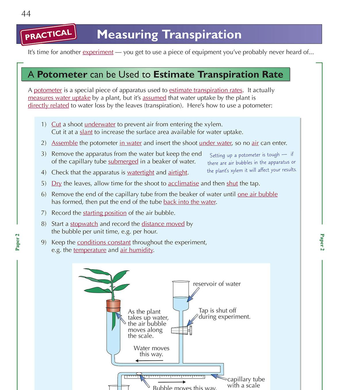 Page showing detailed practical instructions for measuring transpiration using a potometer