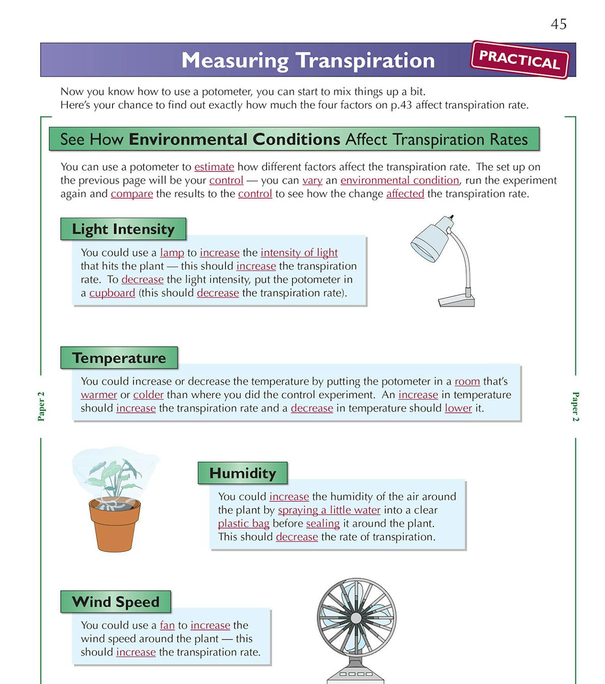 Page explaining how environmental conditions affect transpiration rates with colour-coded examples