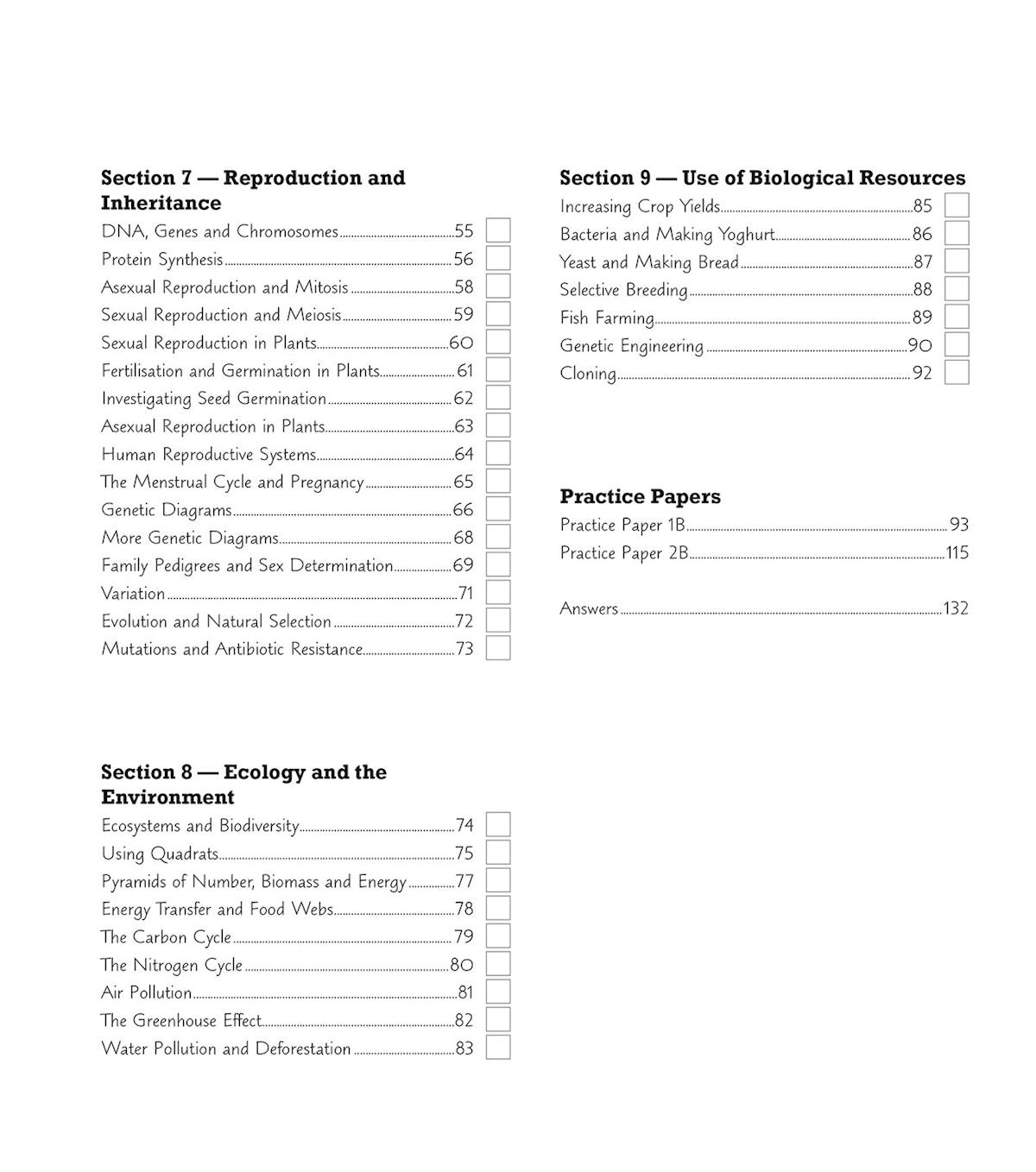 Contents pages showing detailed topic list and practice papers