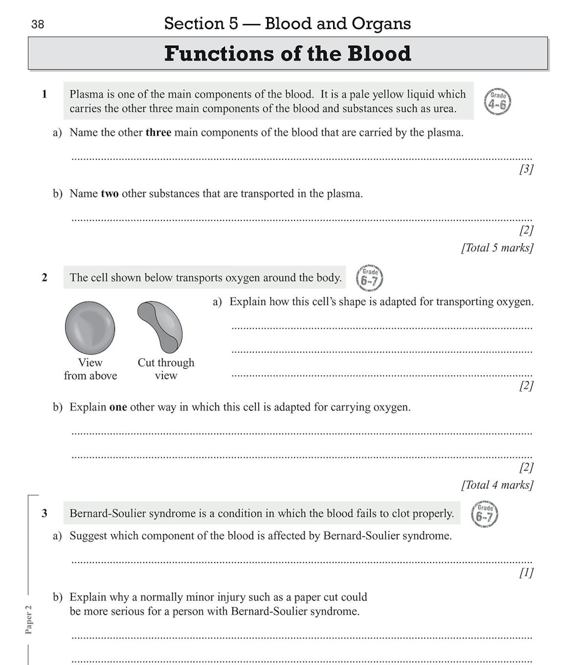 Sample questions page on blood and organs with grade indicators