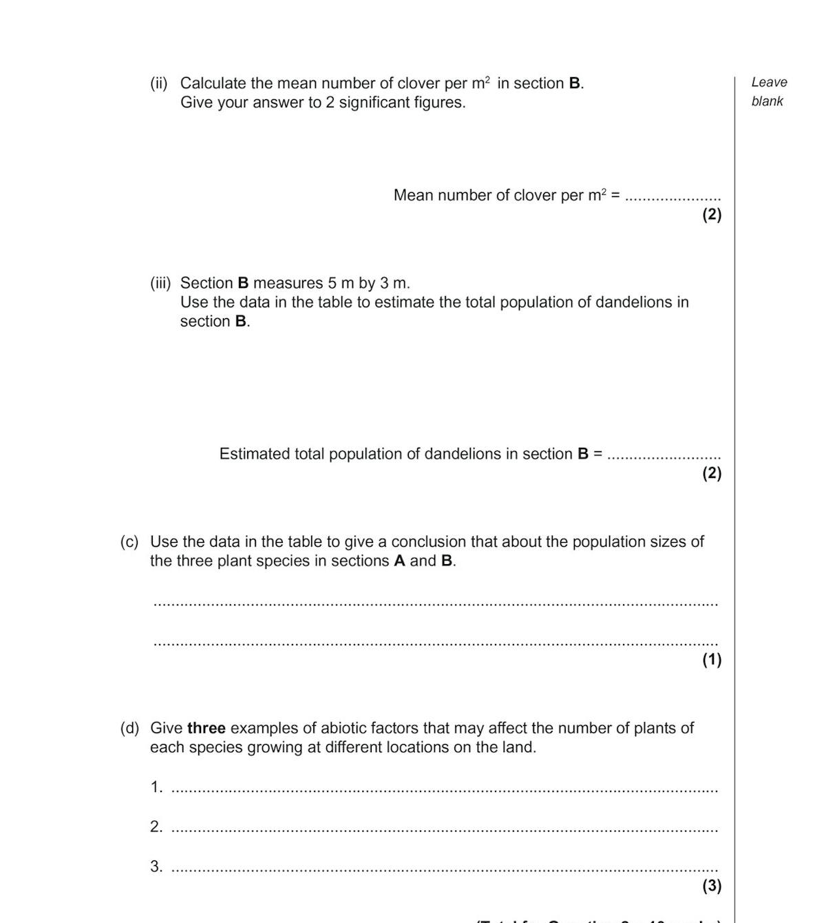 Sample question page showing population ecology calculations and abiotic factors