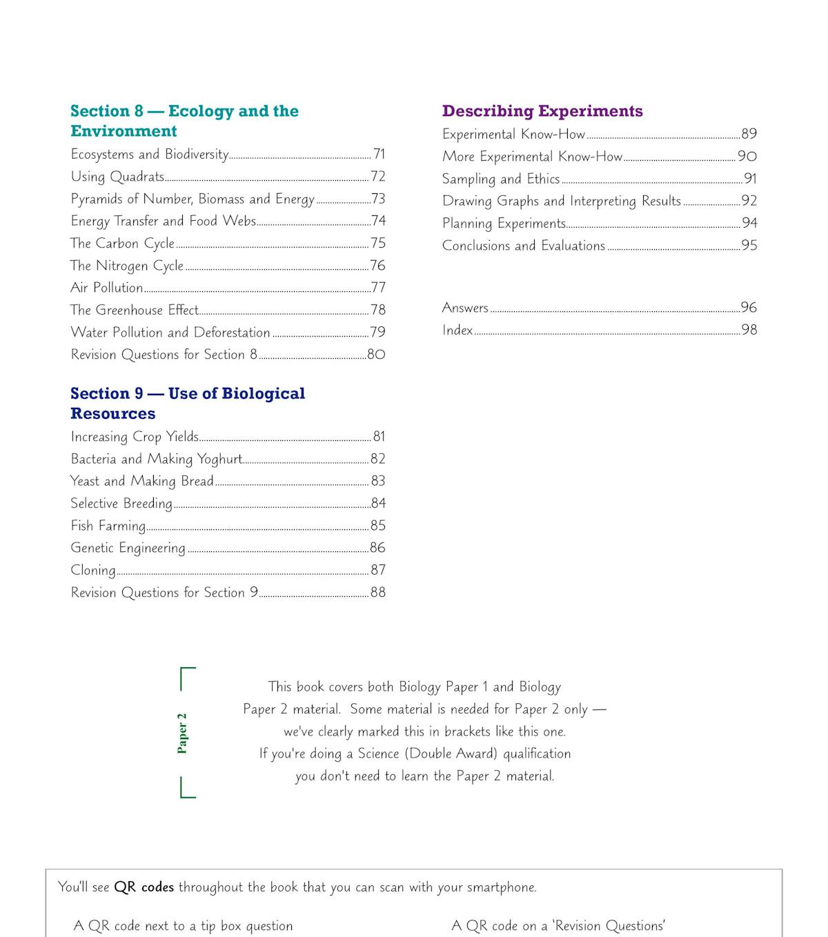 Contents page showing sections on Ecology and the Environment, and Use of Biological Resources, with clear topic lists and page numbers