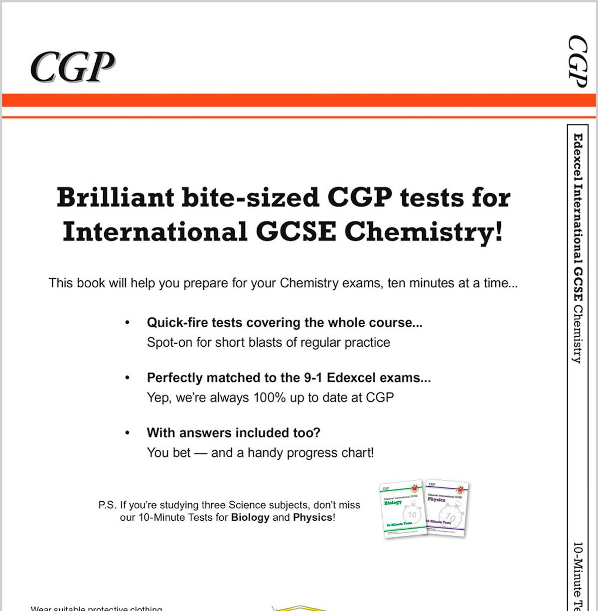 Back cover of CGP Edexcel International GCSE Chemistry 10-Minute Tests workbook
