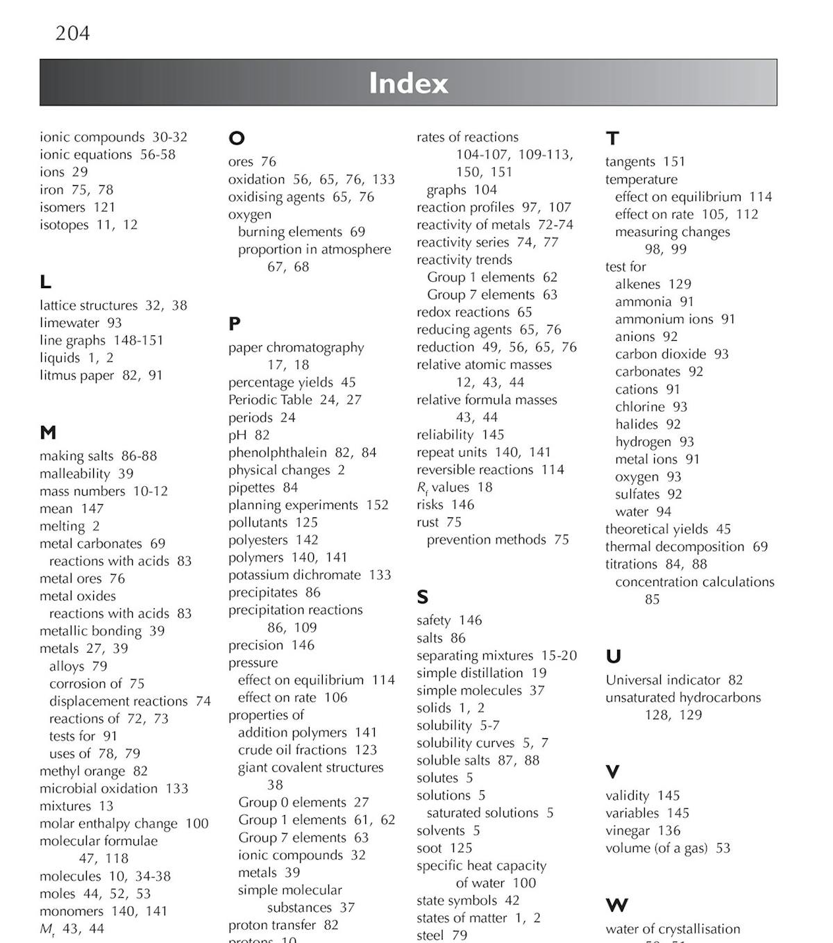 Contents page showing sections on Physical Chemistry, Organic Chemistry and Describing Experiments