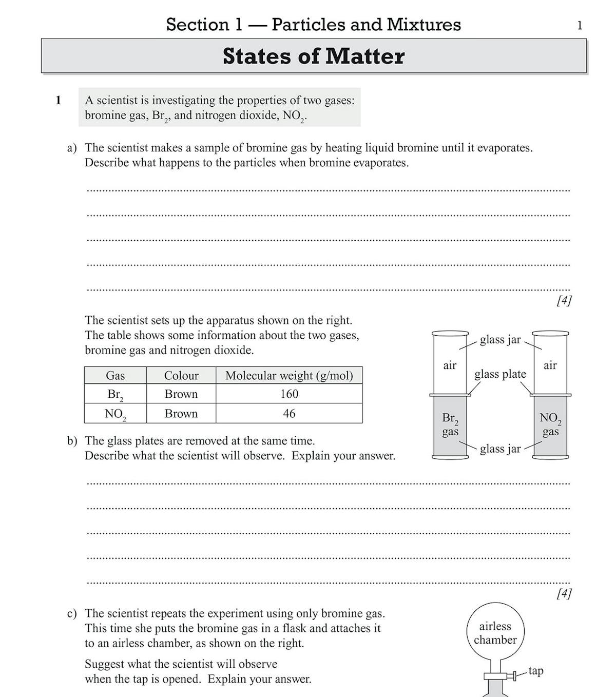 States of Matter exam question page with diagrams of bromine and nitrogen dioxide gas experiments