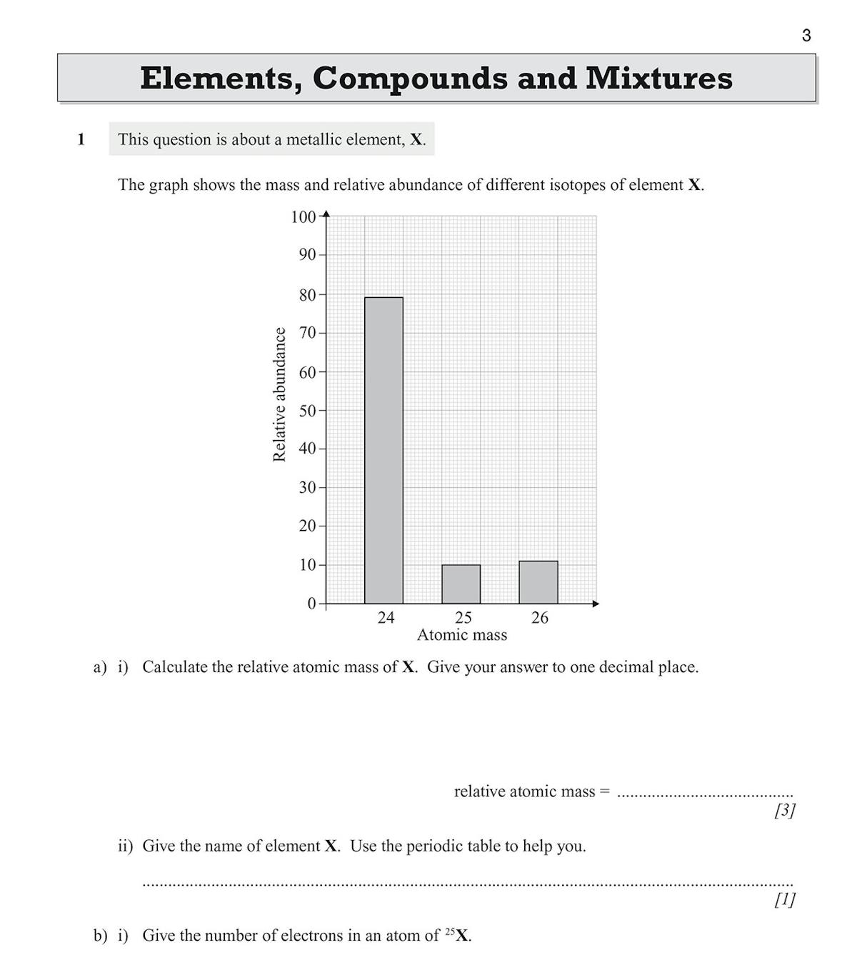 Elements, Compounds and Mixtures question page featuring isotope graph and atomic mass calculations