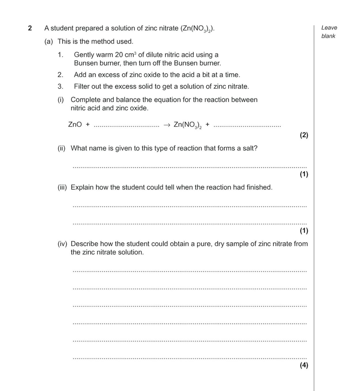 Sample question page from Edexcel IGCSE Chemistry practice paper showing a multi-part question on preparing zinc nitrate solution