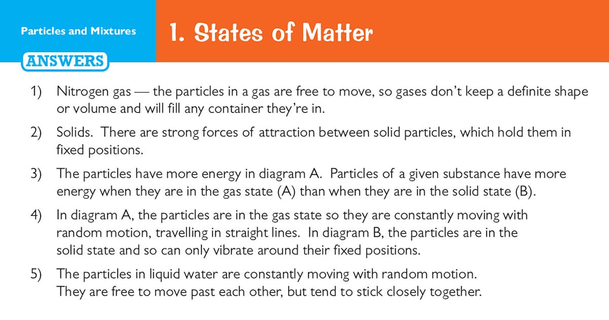 Sample answer card showing detailed explanations for particles and states of matter questions