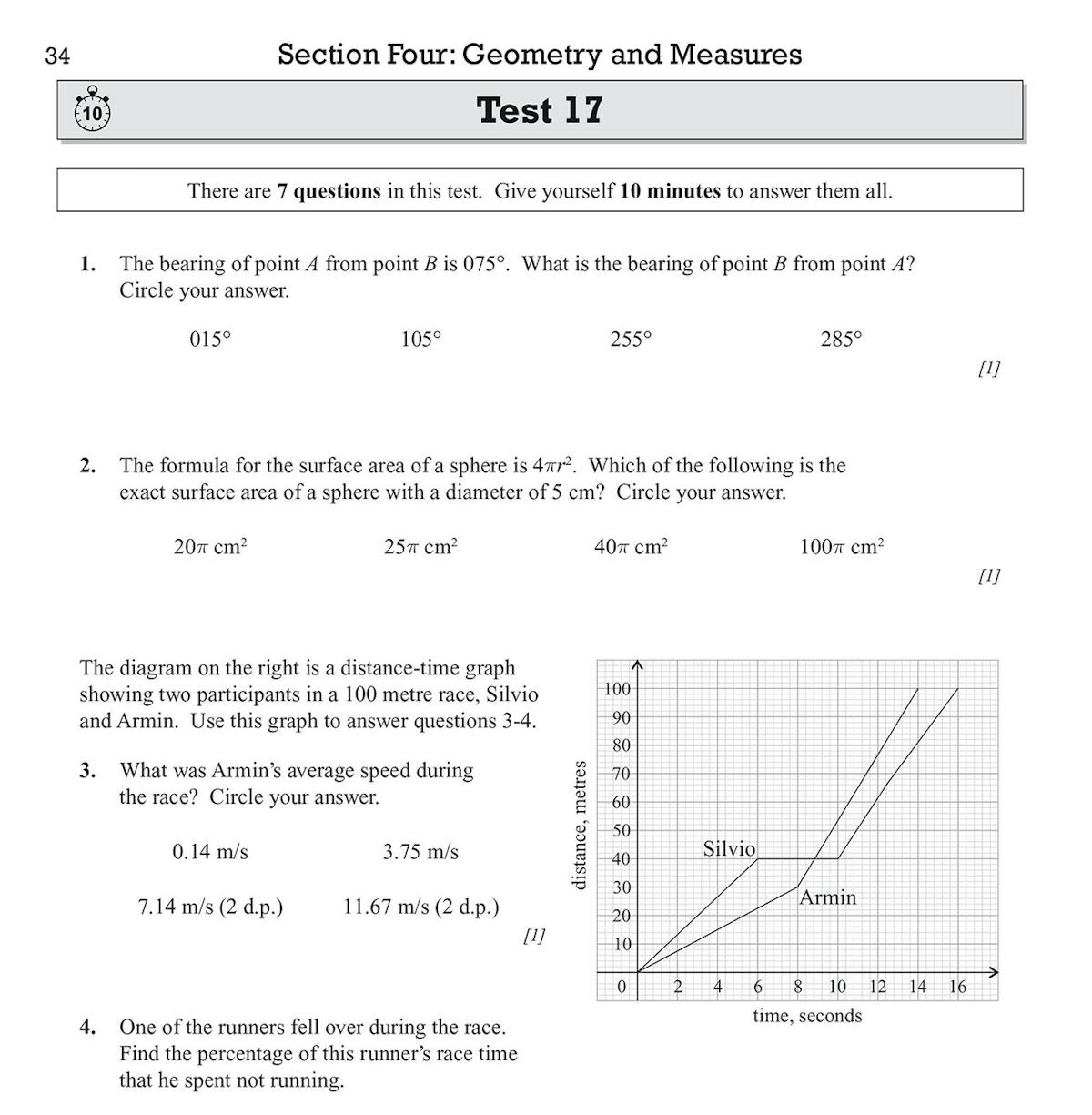 Inside page showing a geometry test with questions on parallel lines, regular shapes, and circle theorems