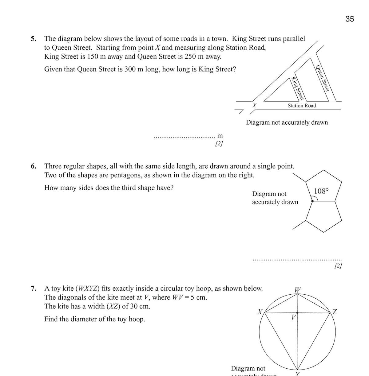 Sample test page showing geometry problems including bearings, surface area, and speed calculations