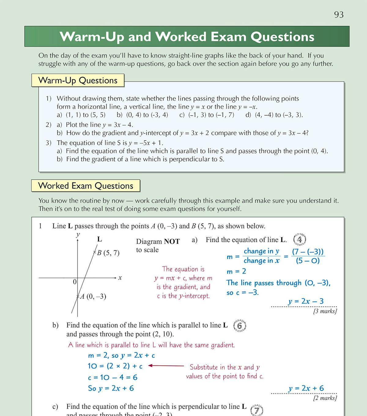 Warm-up and worked exam questions page with step-by-step solutions