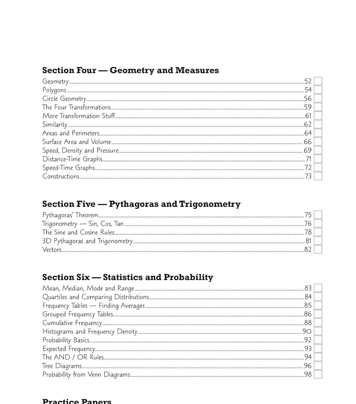 Contents page showing section four on geometry and measures, section five on Pythagoras and trigonometry, section six on statistics and probability, and practice papers