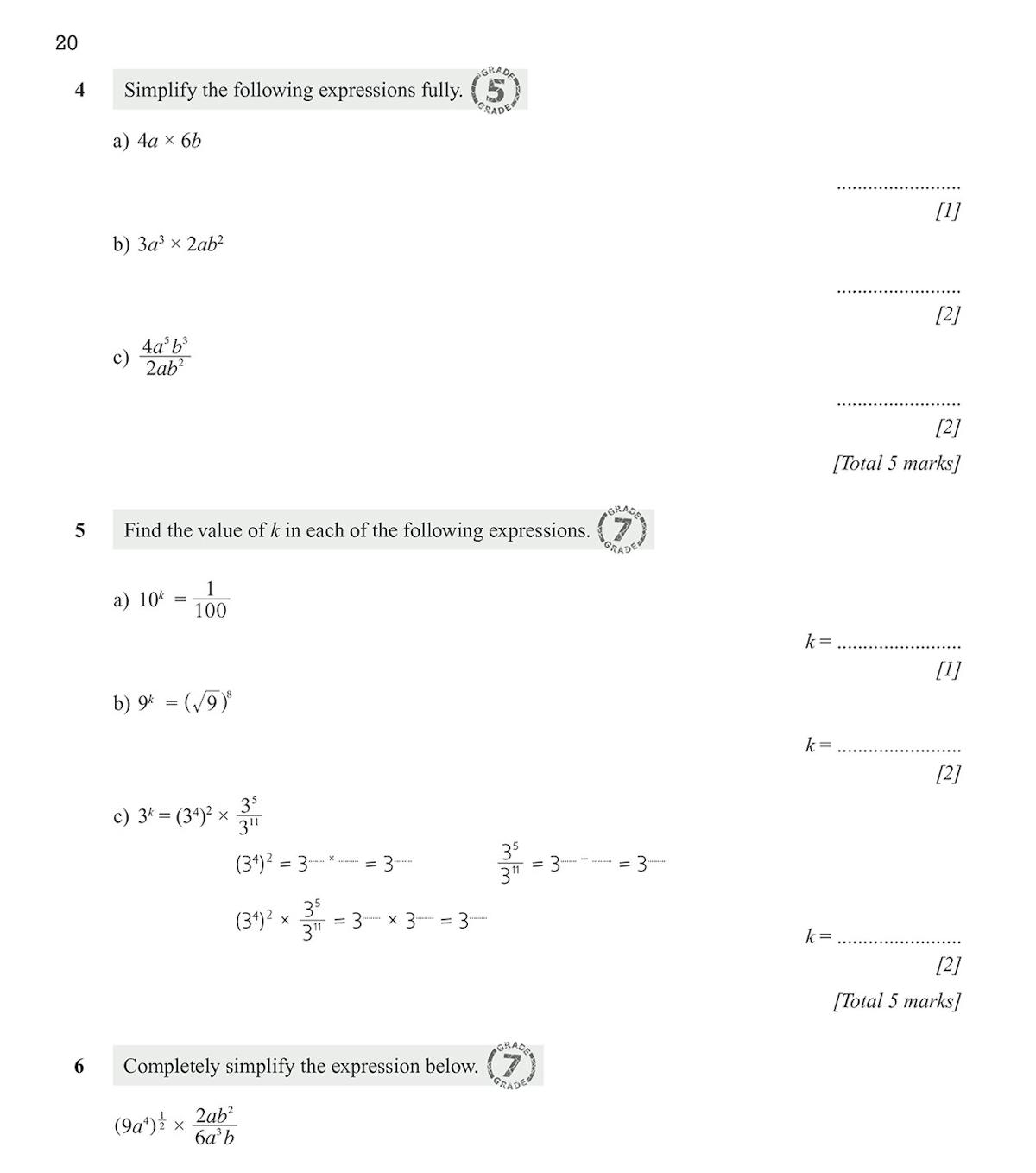 Sample algebra questions on simplifying expressions and finding unknown values, with grade stamps and space for working
