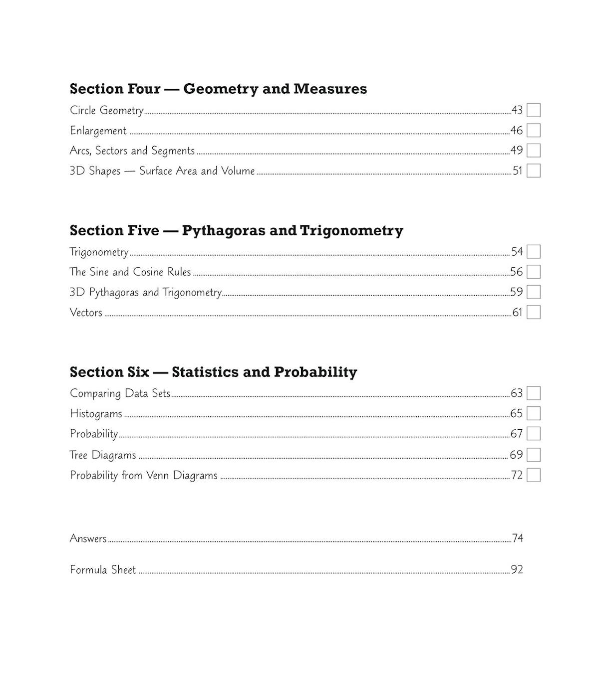 Contents page showing six sections covering algebra, geometry, statistics and trigonometry