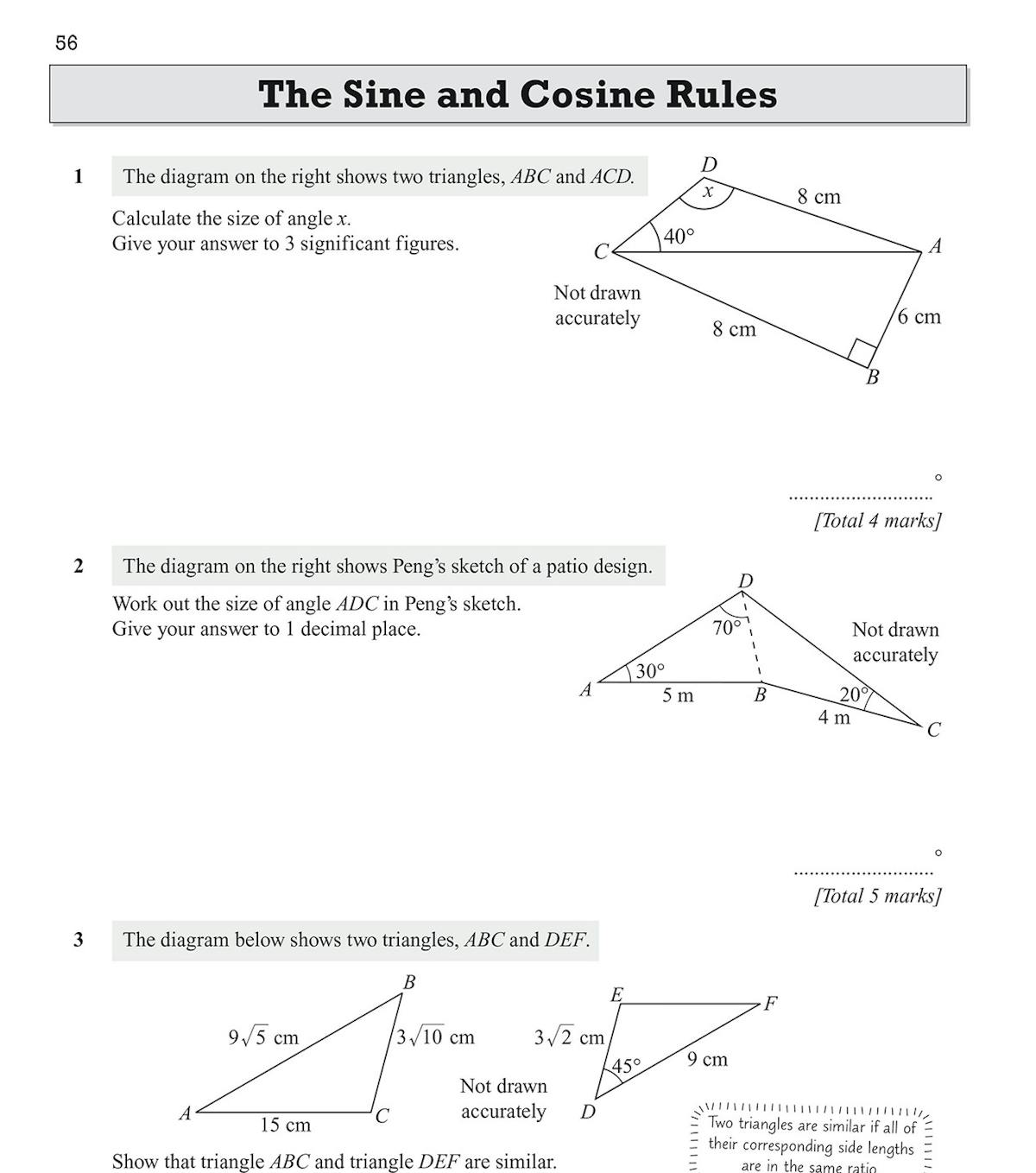 Inside page showing trigonometry questions including sine and cosine rules with diagrams