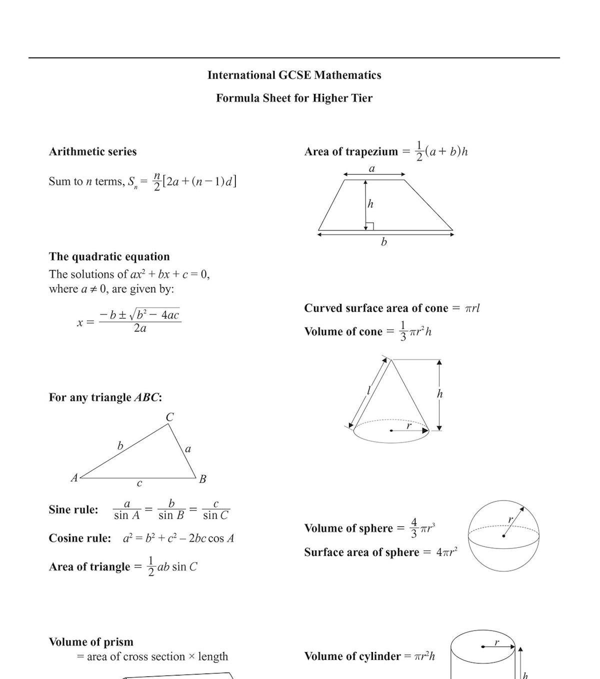 Formula sheet included with the Edexcel International GCSE Maths Higher practice papers