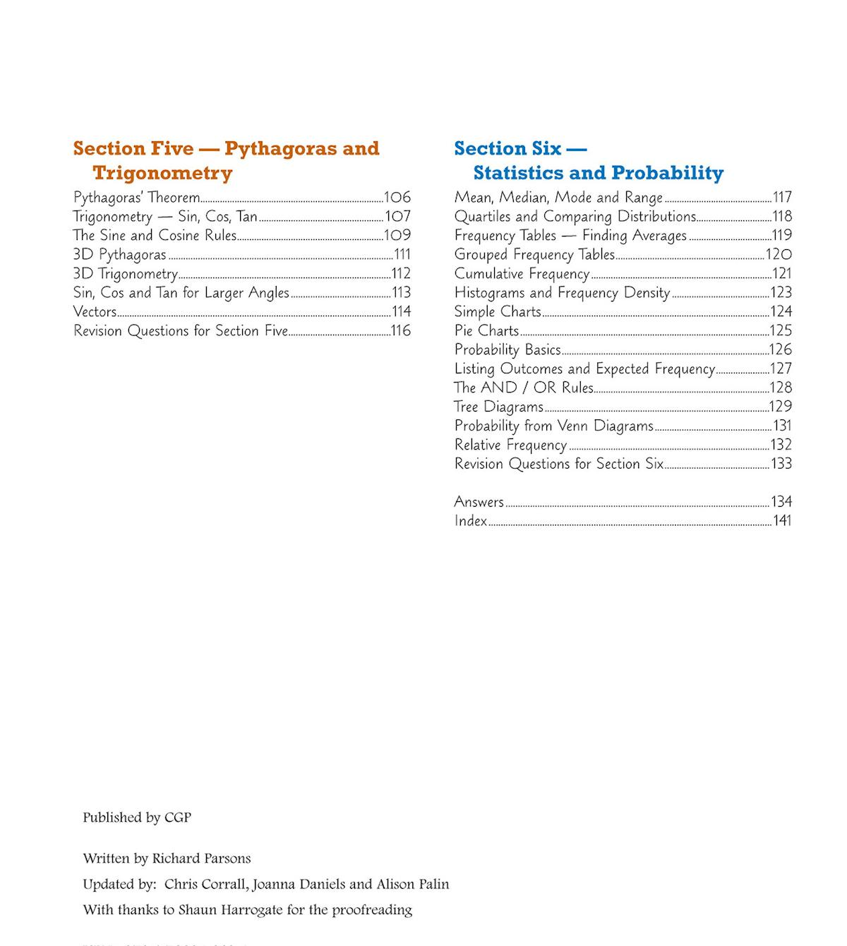 Contents pages listing Pythagoras, trigonometry, statistics and probability topics
