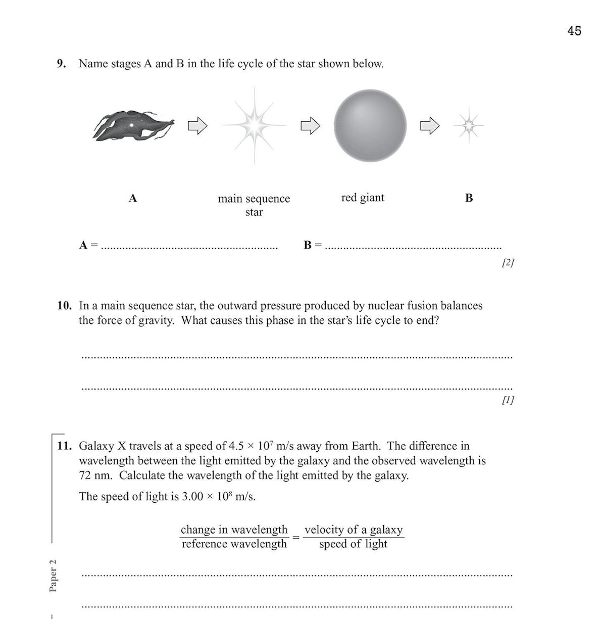 Inside page showing stellar life cycle diagram and Doppler shift calculation