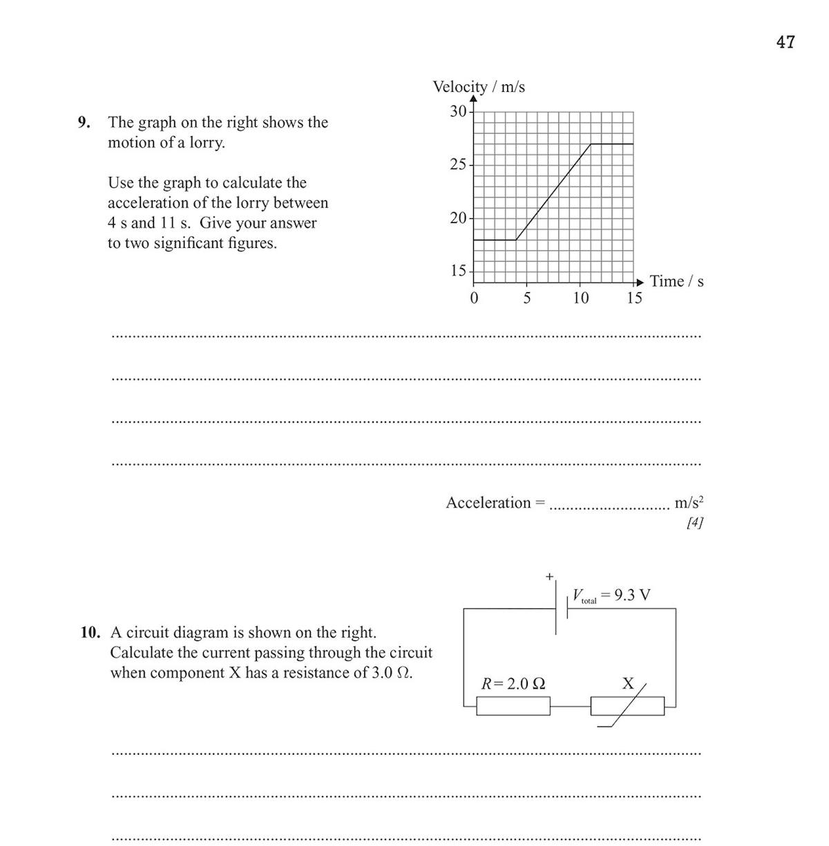 Inside page showing motion graph question and circuit diagram calculation