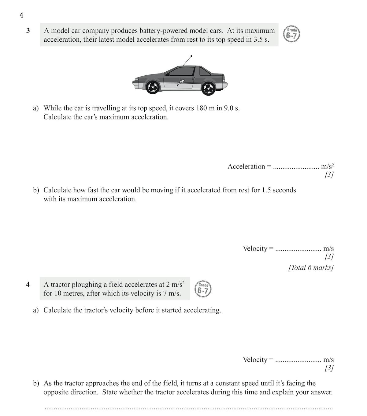 Inside page showing velocity and acceleration questions with worked examples and space for answers