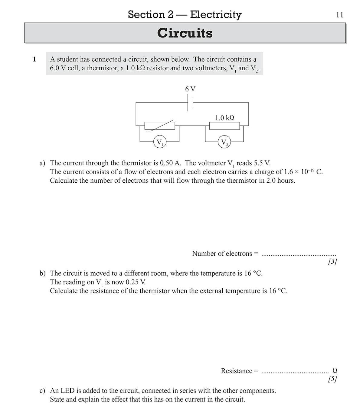 Page from electricity section showing a graph-based resistance question with multiple calculation steps