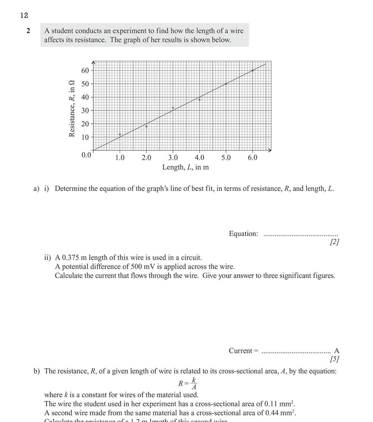Inside page showing a multi-step electricity question with circuit diagram and space for answers