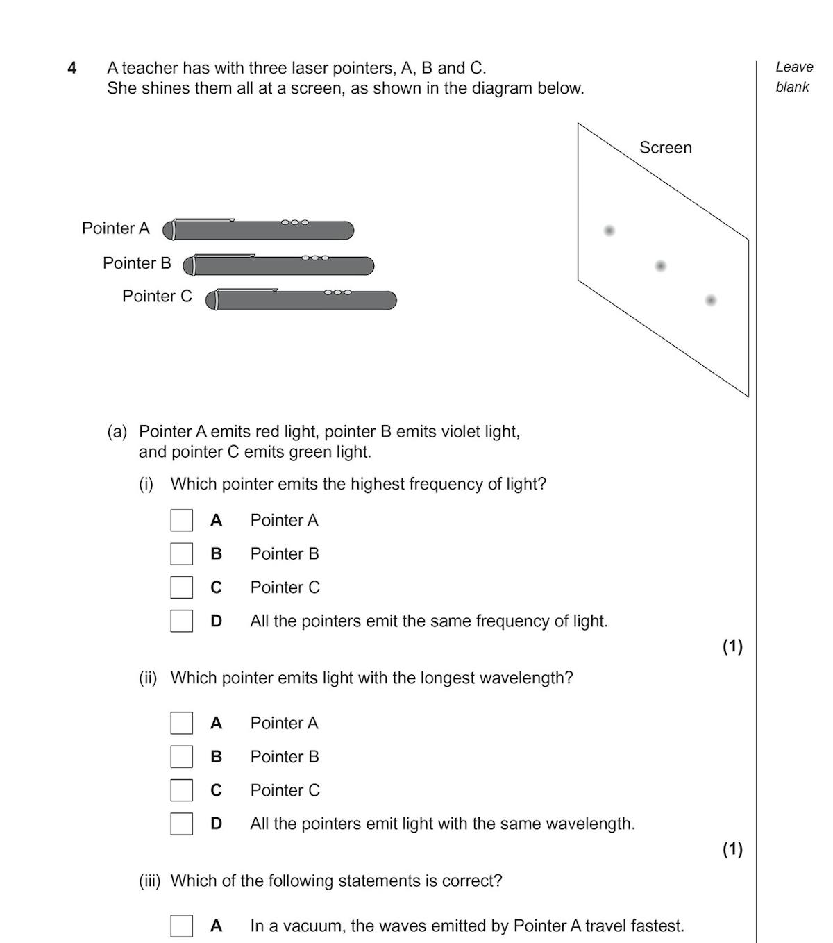 Sample multiple-choice questions on light wavelength and frequency from Edexcel iGCSE Physics