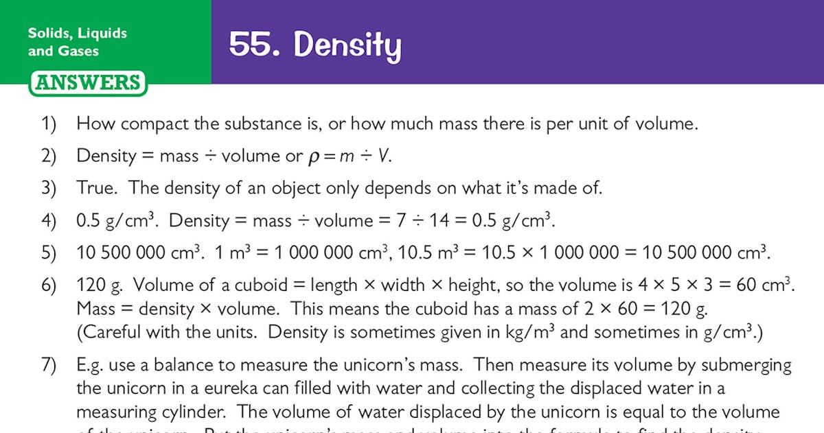 Sample answer card showing worked solutions for density calculations