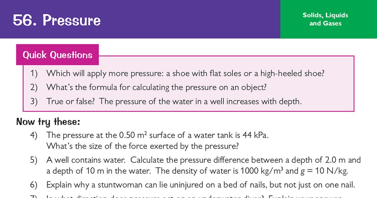 Sample question card showing pressure problems and quick questions