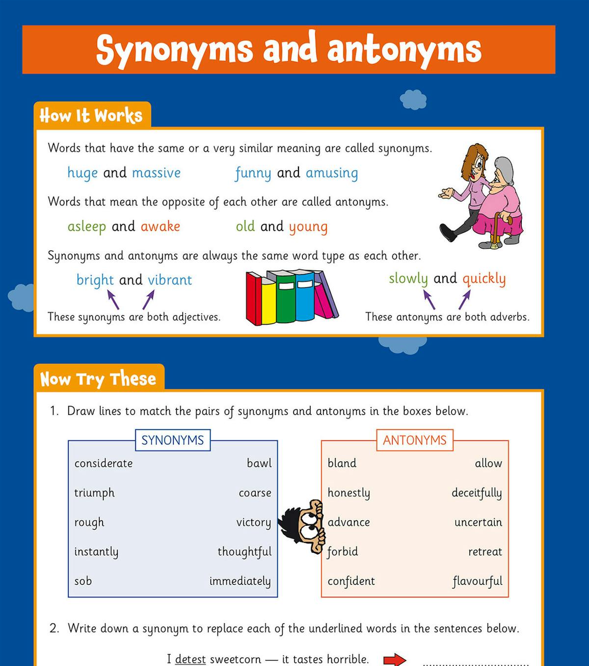 Page showing synonyms and antonyms explanation with matching activities