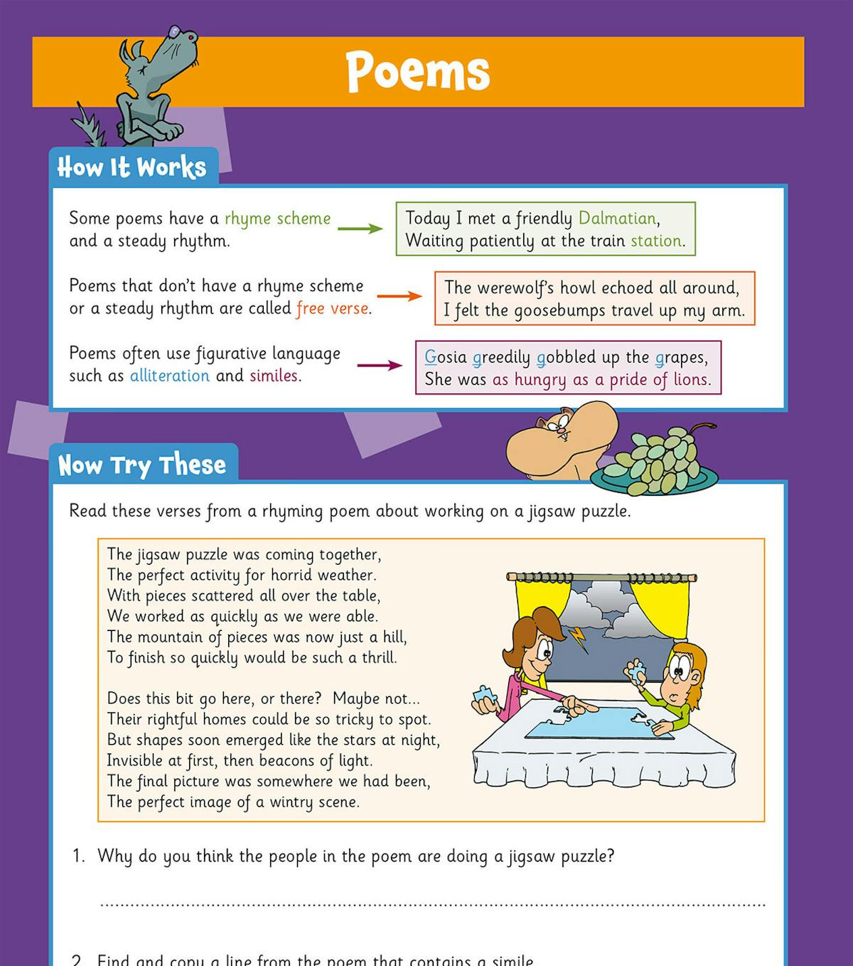Page featuring poetry comprehension with rhyme scheme and figurative language activities