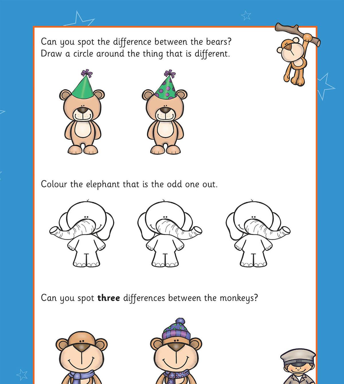 Spot-the-difference and odd-one-out activities with friendly animal characters