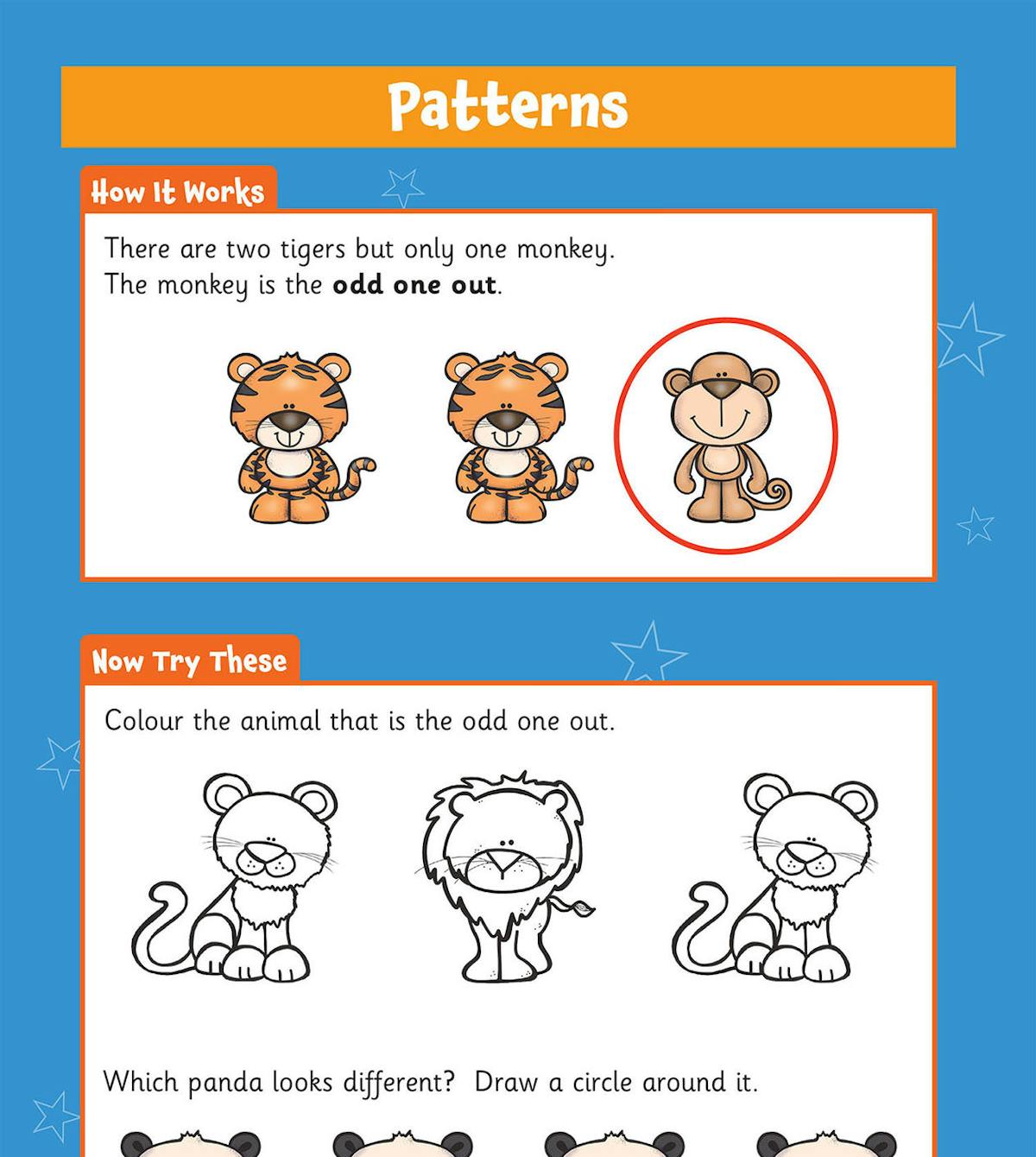 Patterns activity page showing odd-one-out exercises with colourful animals