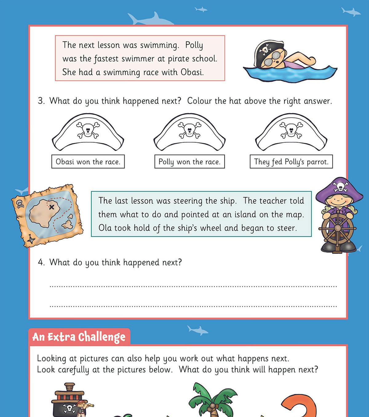 Sample activity pages showing pirate-themed comprehension and grammar exercises