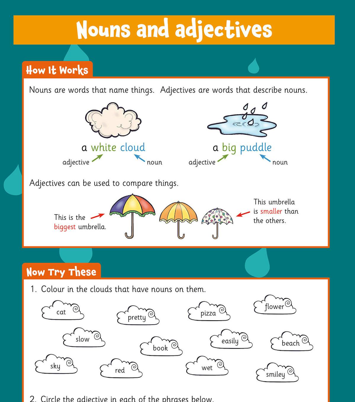 Nouns and adjectives teaching page with colourful examples and exercises