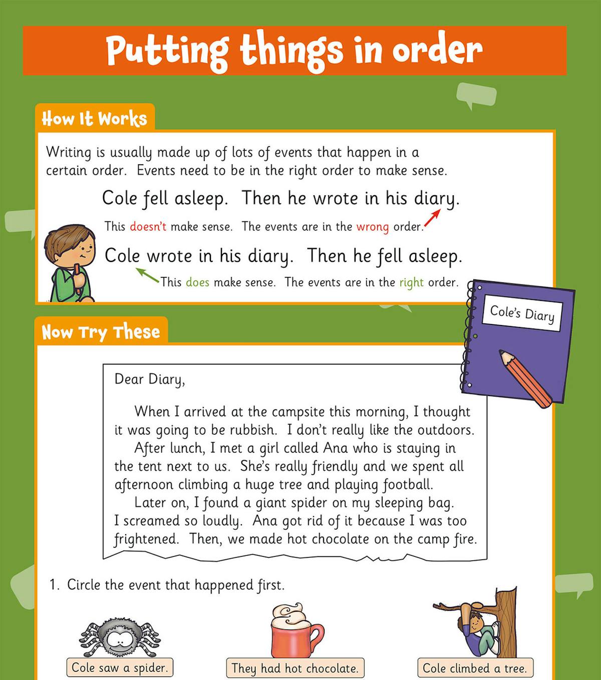 Writing activity page teaching event sequencing with diary entry example