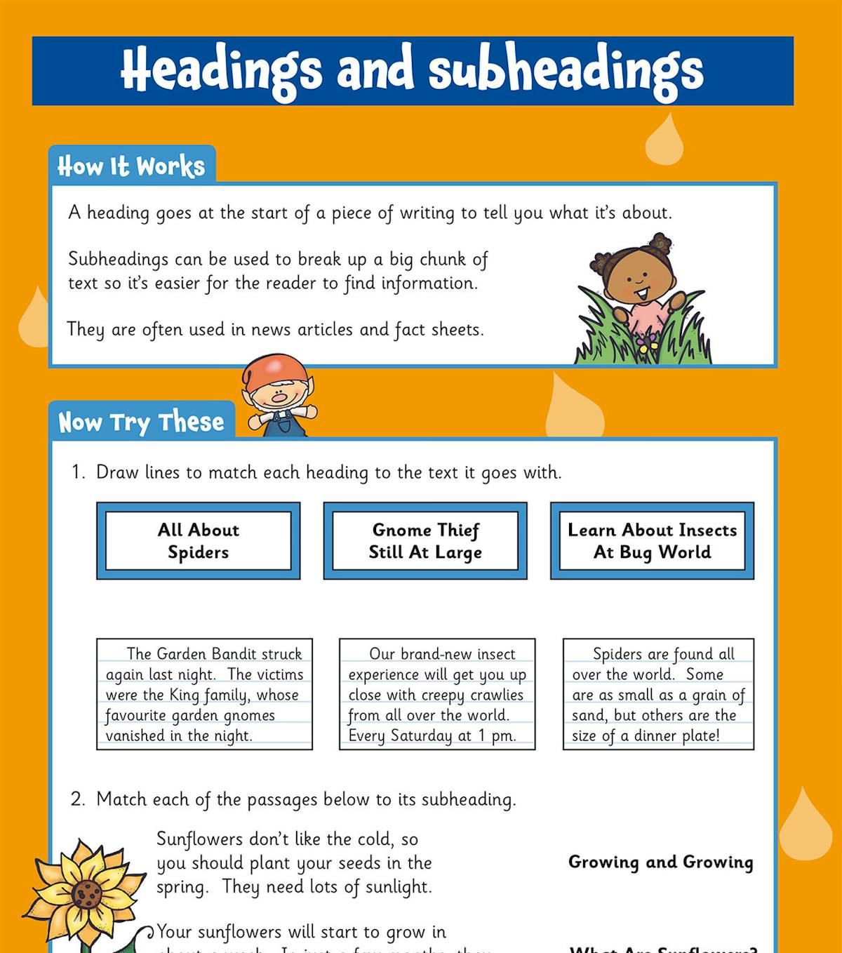 Sample page on headings and subheadings with matching exercises