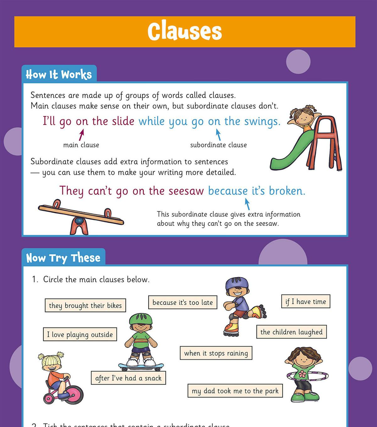 Sample page showing clauses with clear explanations and practice exercises