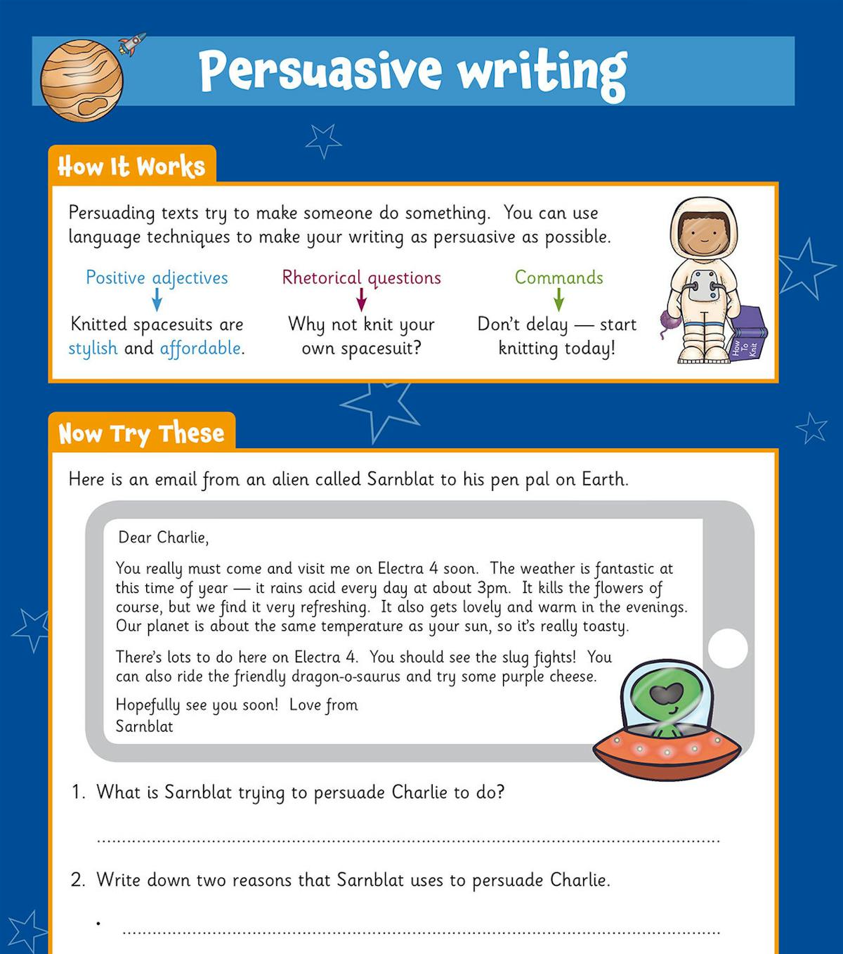 Persuasive writing activity page showing language techniques with alien-themed examples