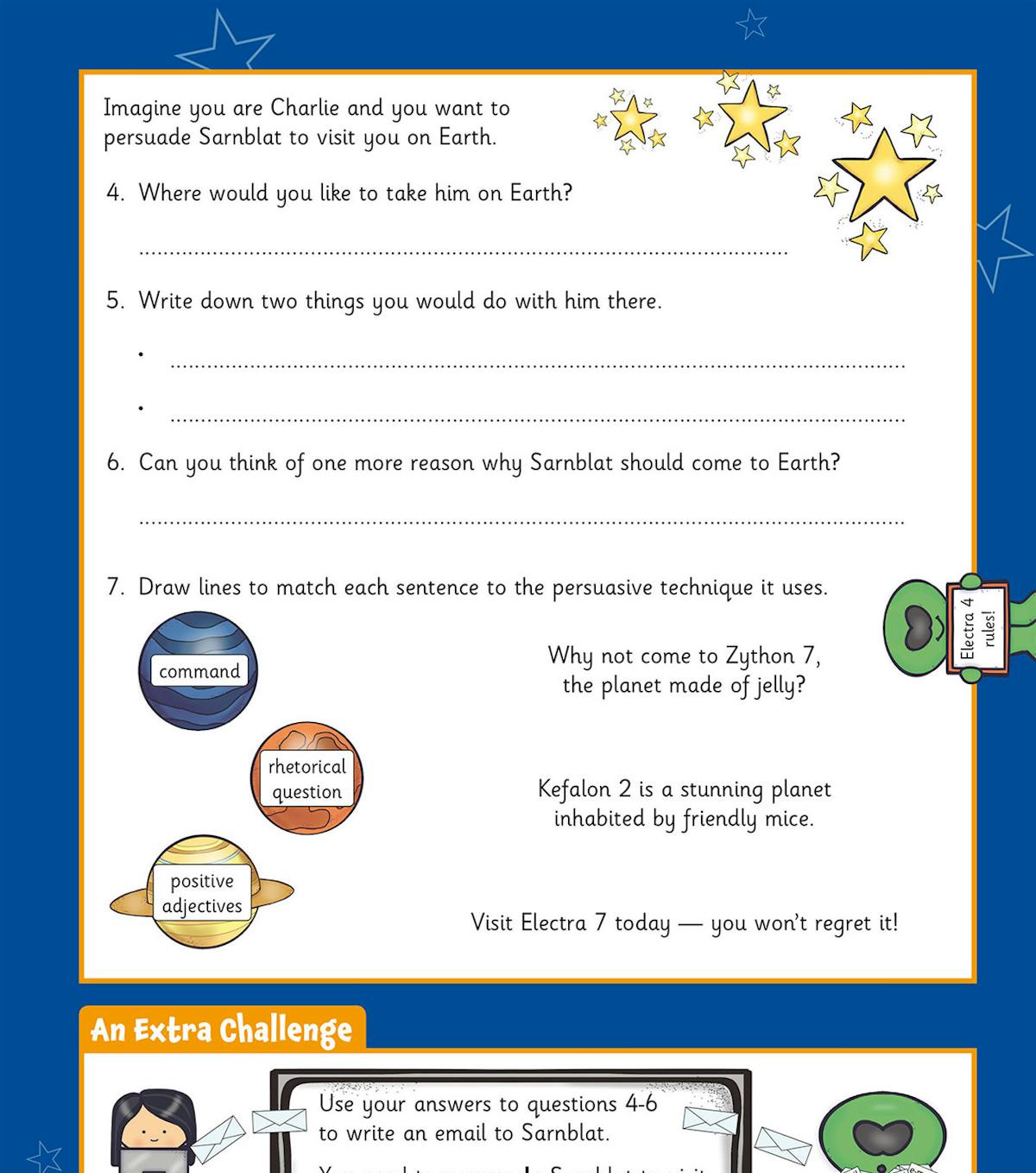 Extended persuasive writing exercise with matching activities and self-assessment smiley faces
